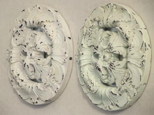 photo of shabby white painted architectural molding ornaments, rosette medallions #7