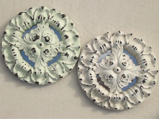 photo of shabby white painted architectural molding ornaments, rosette medallions #8