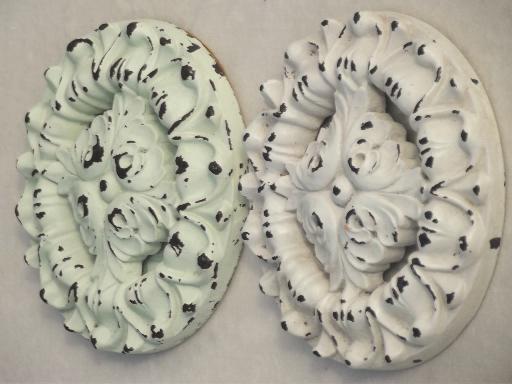 photo of shabby white painted architectural molding ornaments, rosette medallions #10