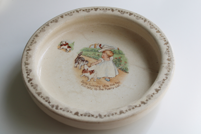 photo of shabby worn antique china babies plate, browned stained ironstone bowl w/ baby & kitty  #1