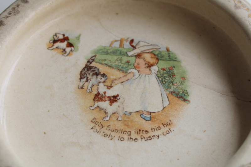 photo of shabby worn antique china babies plate, browned stained ironstone bowl w/ baby & kitty  #2