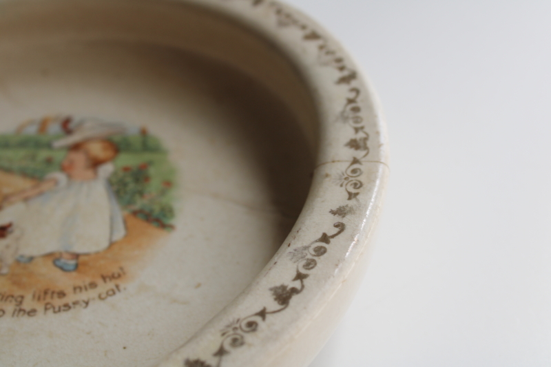 photo of shabby worn antique china babies plate, browned stained ironstone bowl w/ baby & kitty  #3