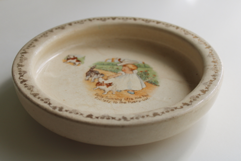 photo of shabby worn antique china babies plate, browned stained ironstone bowl w/ baby & kitty  #4