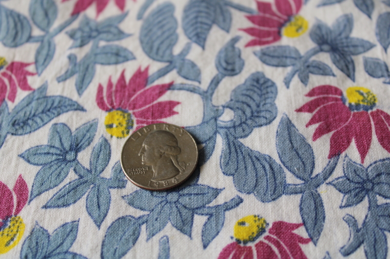 photo of shabby yellowed vintage cotton feed sack fabric, floral print plum daisies w/ blue  #4
