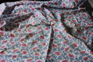 catalog photo of shabby yellowed vintage cotton feed sack fabric, floral print plum daisies w/ blue 