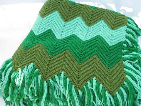 photo of shaded greens, soft vintage acrylic crochet afghan throw blanket #1