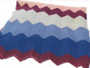 catalog photo of shaded pinks / blues, soft vintage wool crochet afghan throw blanket