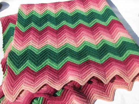 photo of shaded pinks / pale green, soft vintage wool crochet afghan throw blanket #1