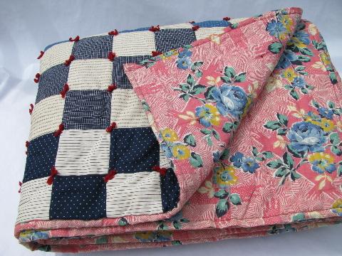 photo of shades of blue and white antique patchwork quilt, vintage cotton prints #2