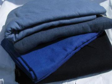 catalog photo of shades of blue, lot vintage wool fabric for sewing crafts, felting, braiding rugs