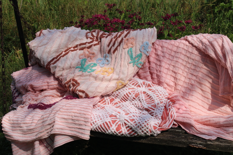 photo of shades of blush & pink vintage cotton chenille bedspreads for upcycle cutter fabric lot  #1