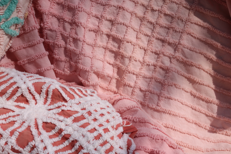 photo of shades of blush & pink vintage cotton chenille bedspreads for upcycle cutter fabric lot  #16