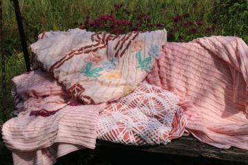 catalog photo of shades of blush & pink vintage cotton chenille bedspreads for upcycle cutter fabric lot 