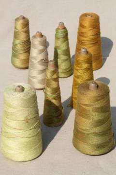 catalog photo of shades of gold / leaf green primitive grubby old spools of vintage cotton cord thread