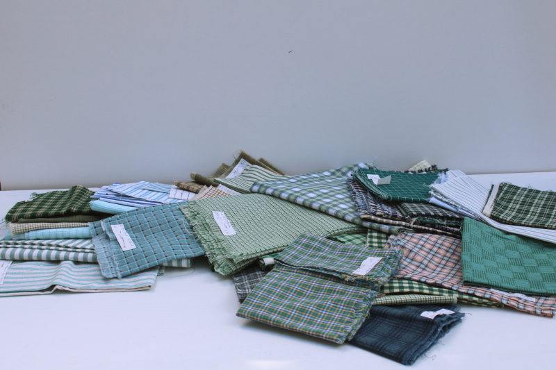 photo of shades of greens blues plaids, stripes, prints vintage cotton fabric lot, fat quarters & small pieces #1