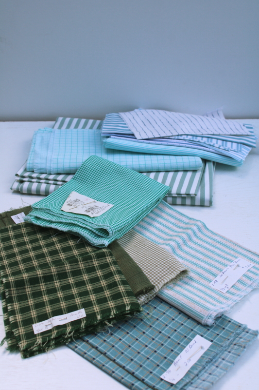 photo of shades of greens blues plaids, stripes, prints vintage cotton fabric lot, fat quarters & small pieces #2