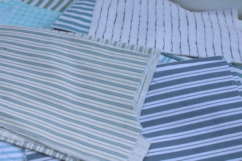 photo of shades of greens blues plaids, stripes, prints vintage cotton fabric lot, fat quarters & small pieces #3