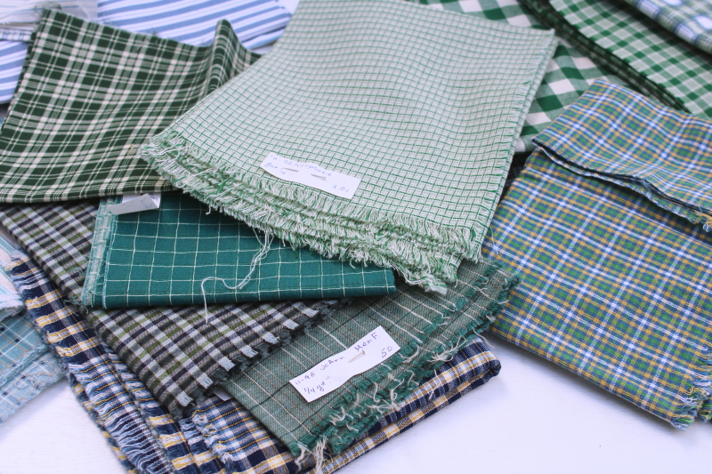 photo of shades of greens blues plaids, stripes, prints vintage cotton fabric lot, fat quarters & small pieces #4