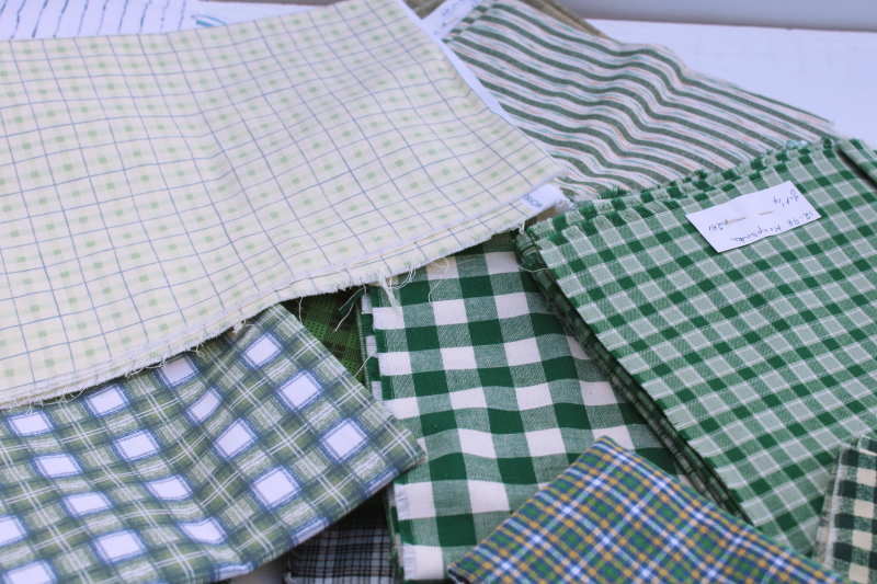 photo of shades of greens blues plaids, stripes, prints vintage cotton fabric lot, fat quarters & small pieces #5