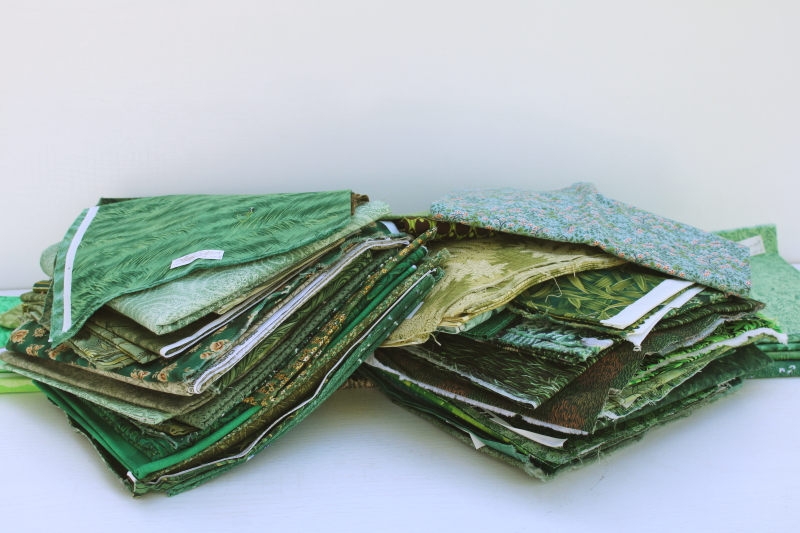 photo of shades of greens vintage prints quilting cotton fabric, lots of fat quarters pieces under 2 yds #1