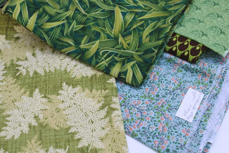 photo of shades of greens vintage prints quilting cotton fabric, lots of fat quarters pieces under 2 yds #9