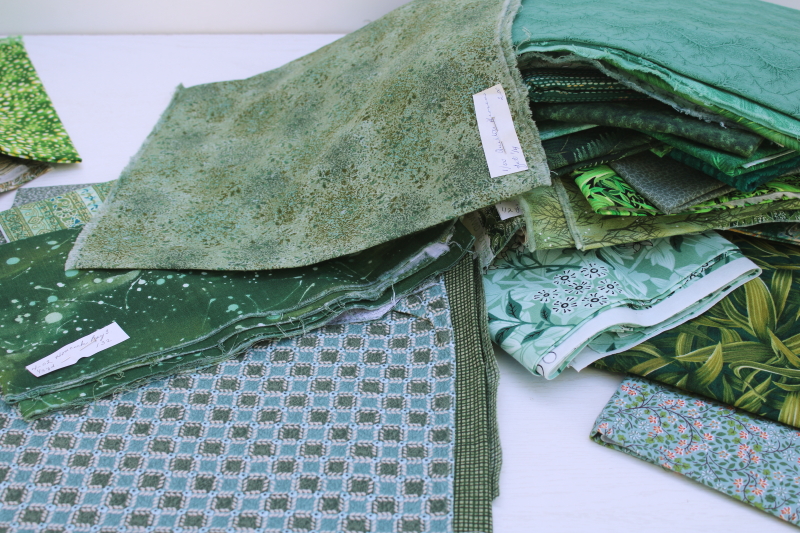 photo of shades of greens vintage prints quilting cotton fabric, lots of fat quarters pieces under 2 yds #14