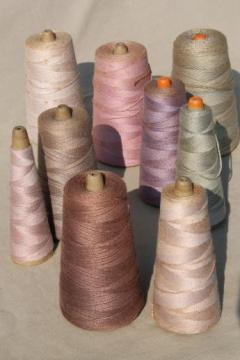 catalog photo of shades of lavender & plum primitive grubby old spools of vintage cotton cord thread