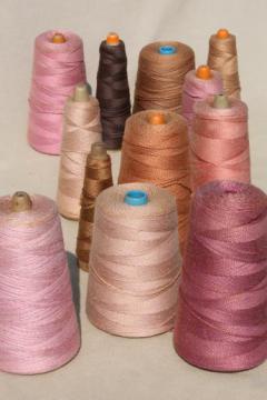 catalog photo of shades of tan rose brown primitive grubby old spools of vintage cotton cord thread