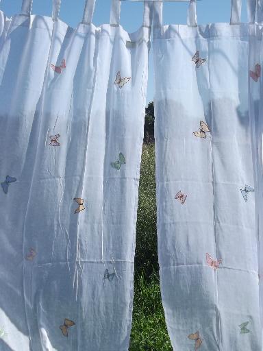 photo of sheer white cotton organdy curtains, embroidered butterfly appliques #1