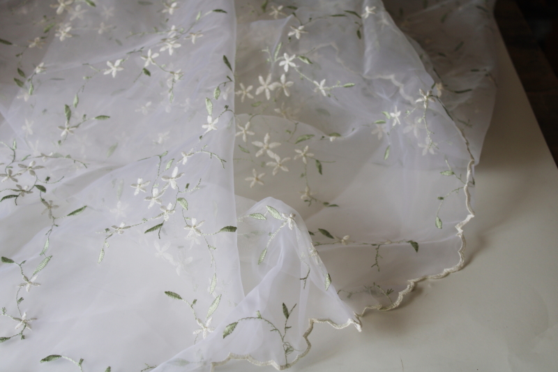 photo of sheer white nylon organza fabric w/ embroidered orange blossoms, scalloped border vintage bridal veil #1