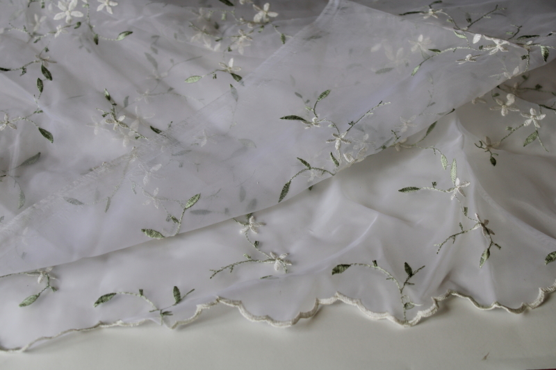 photo of sheer white nylon organza fabric w/ embroidered orange blossoms, scalloped border vintage bridal veil #2