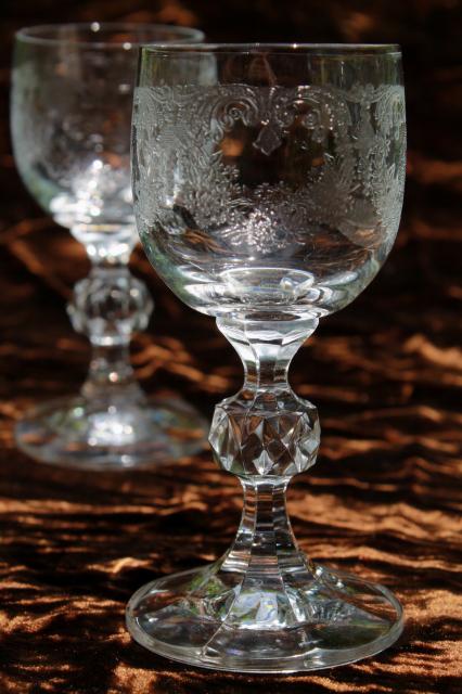 photo of sherry wine or cordial glasses, set of 6 tiny goblets, vintage Bohemia crystal w/ etched floral #2