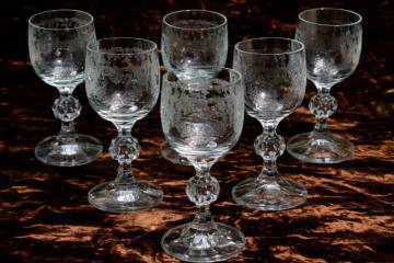 catalog photo of sherry wine or cordial glasses, set of 6 tiny goblets, vintage Bohemia crystal w/ etched floral