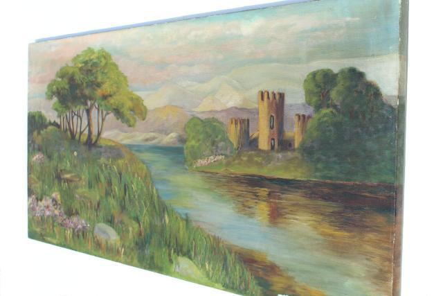 photo of signed 1930s vintage original oil painting on canvas, castle towers on river, Scotland? #1