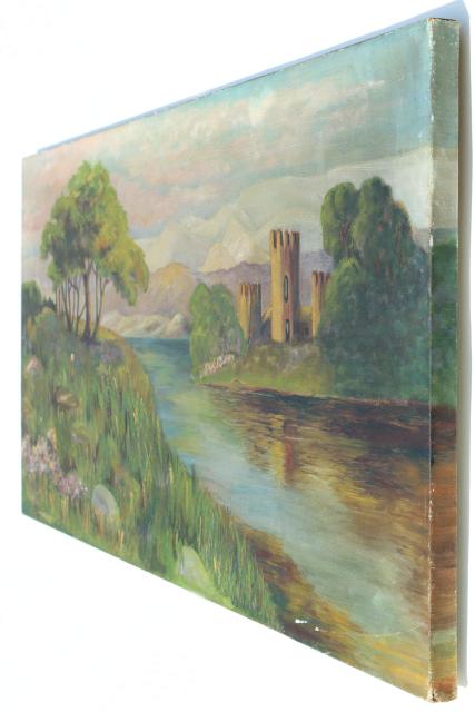 photo of signed 1930s vintage original oil painting on canvas, castle towers on river, Scotland? #3