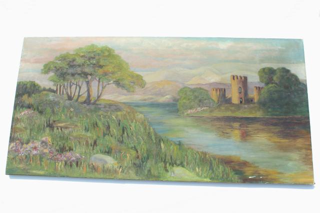 photo of signed 1930s vintage original oil painting on canvas, castle towers on river, Scotland? #8