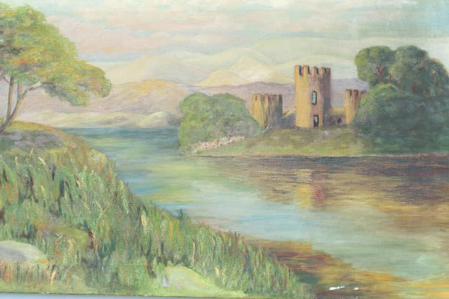 photo of signed 1930s vintage original oil painting on canvas, castle towers on river, Scotland? #10