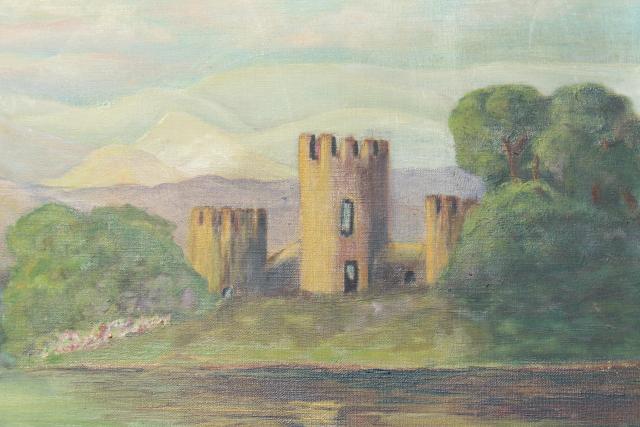 photo of signed 1930s vintage original oil painting on canvas, castle towers on river, Scotland? #11