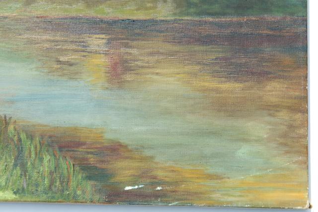 photo of signed 1930s vintage original oil painting on canvas, castle towers on river, Scotland? #14