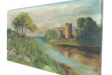 catalog photo of signed 1930s vintage original oil painting on canvas, castle towers on river, Scotland?