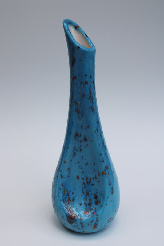 photo of signed 1969 vintage hand crafted ceramic bud vase, mod spatter turquoise glaze #1