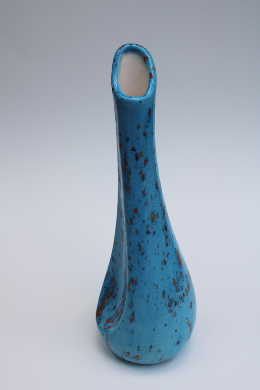 photo of signed 1969 vintage hand crafted ceramic bud vase, mod spatter turquoise glaze #3