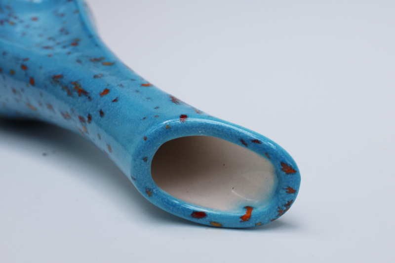 photo of signed 1969 vintage hand crafted ceramic bud vase, mod spatter turquoise glaze #4