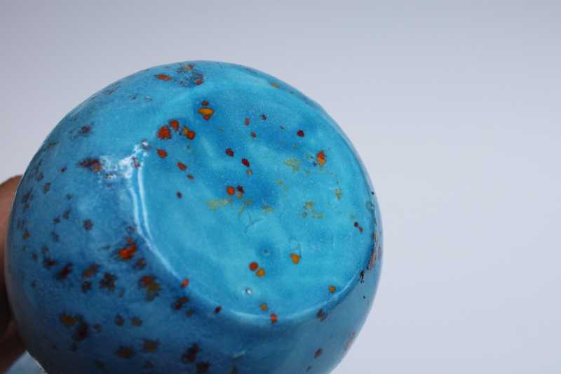 photo of signed 1969 vintage hand crafted ceramic bud vase, mod spatter turquoise glaze #5