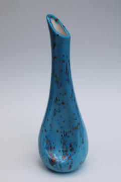 signed 1969 vintage hand crafted ceramic bud vase, mod spatter turquoise glaze