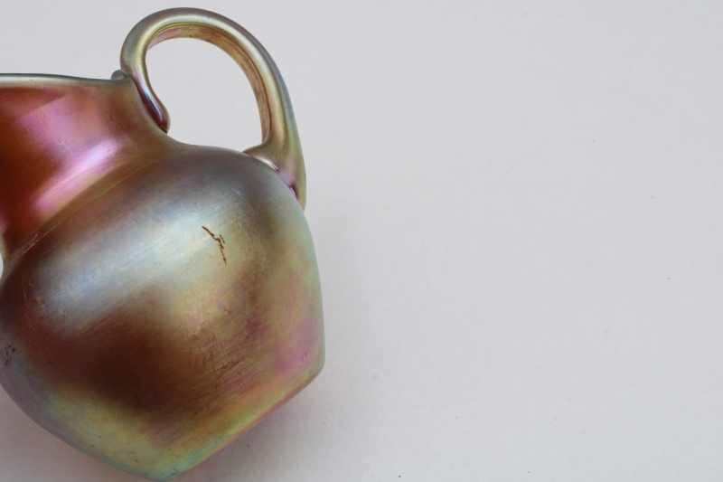 photo of signed Aurene Steuben art glass miniature pitcher, mid century vintage iridescent luster glass #3