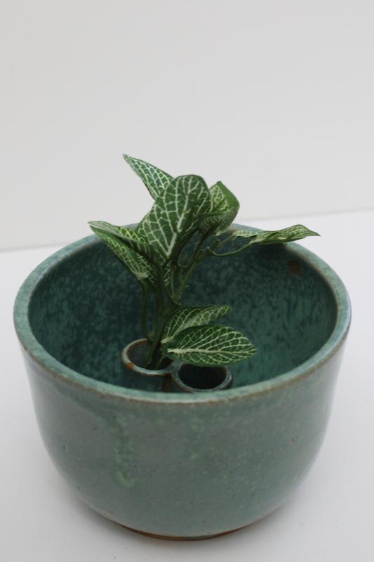 photo of signed Coleman vintage hand thrown pottery bowl w/ green glaze, flower holder vase? #2