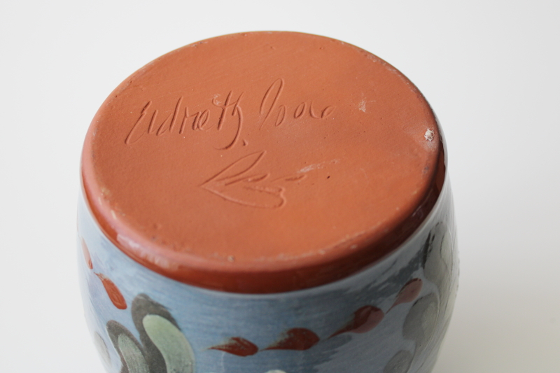 photo of signed Eldreth pottery redware clay hand painted crock vase dated 2006 #3
