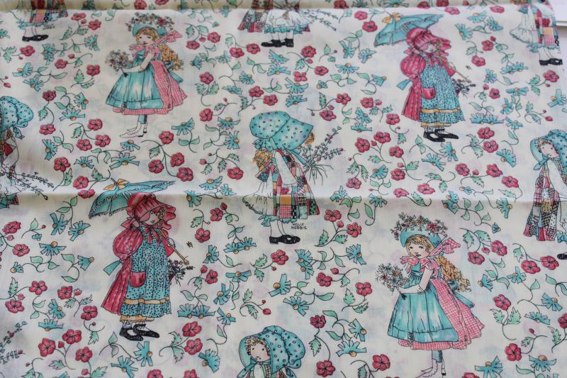 photo of signed Holly Hobbie vintage fabric, poly cotton pink blue little girls print #1