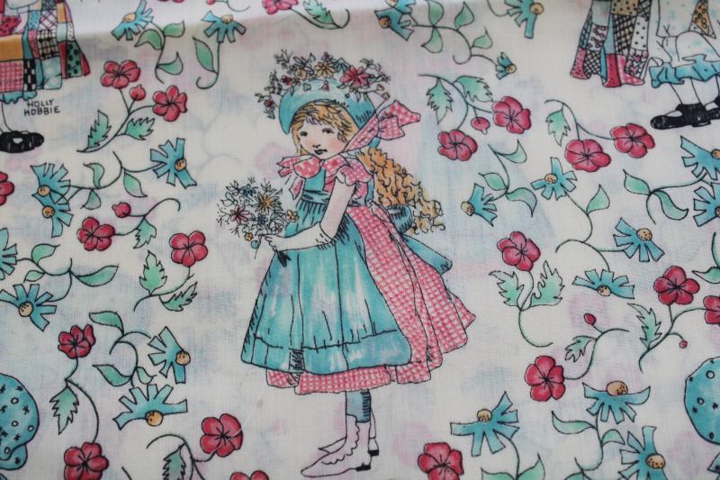 photo of signed Holly Hobbie vintage fabric, poly cotton pink blue little girls print #3